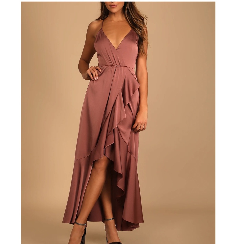 Lulus Enchanted Moments Mauve Pink Satin Ruffled High-Low Dress L